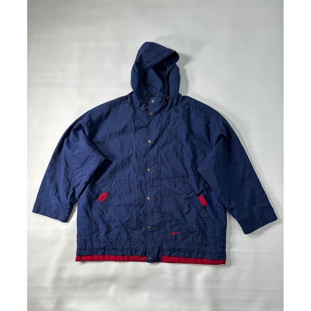 Vintage Nike Navy Blue Hooded Windbreaker Jacket Mens L Nylon Red Trim 90s Y2K